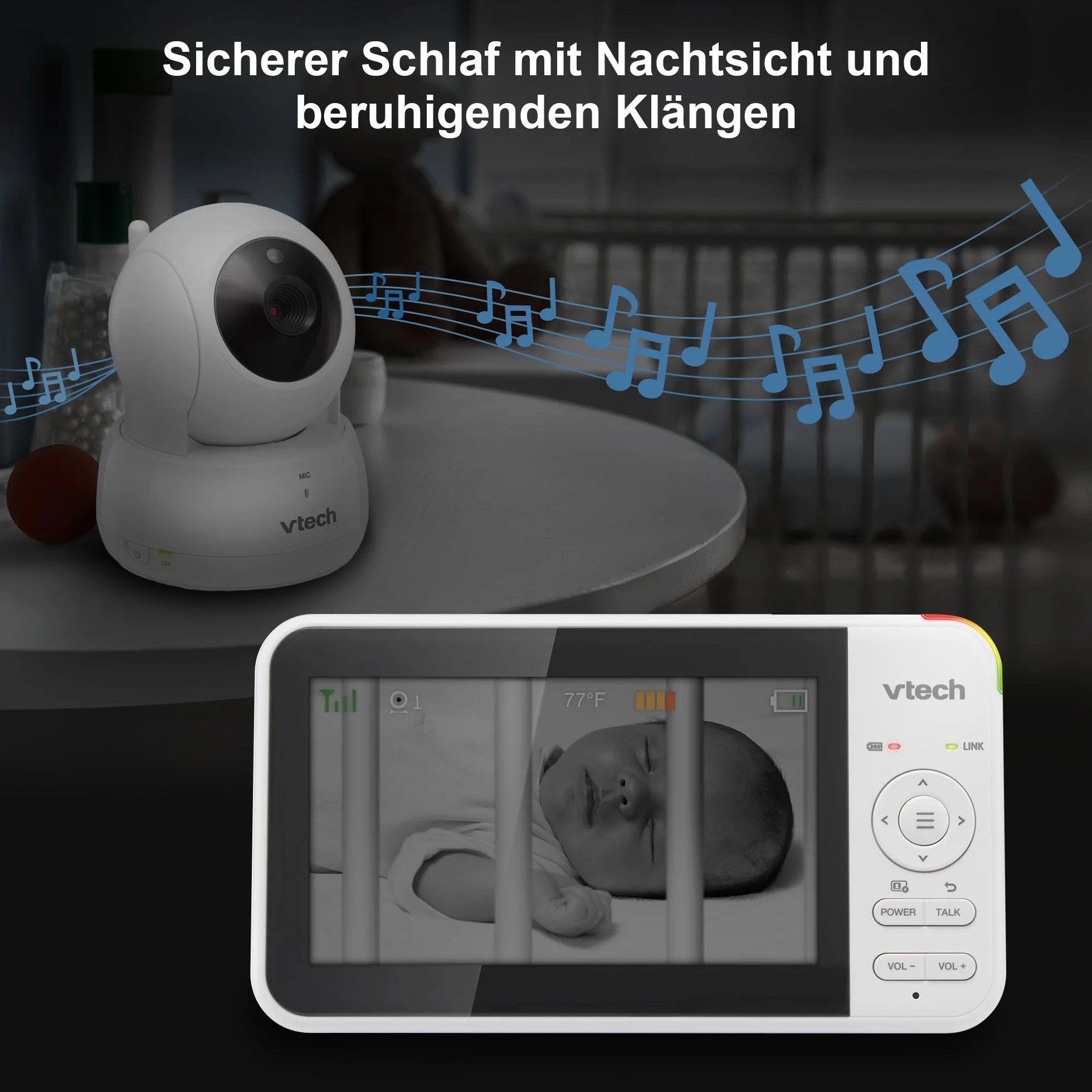 VTech VM924 Video Babymonitor mit Kamera, 5" LCD-Display, Lange Akkulaufzeit, Nachtsicht, 300 Meter Reichweite, Pan&Tilt&Zoom, Lullaby, Beruhigende Geräusche, Temperatursensor