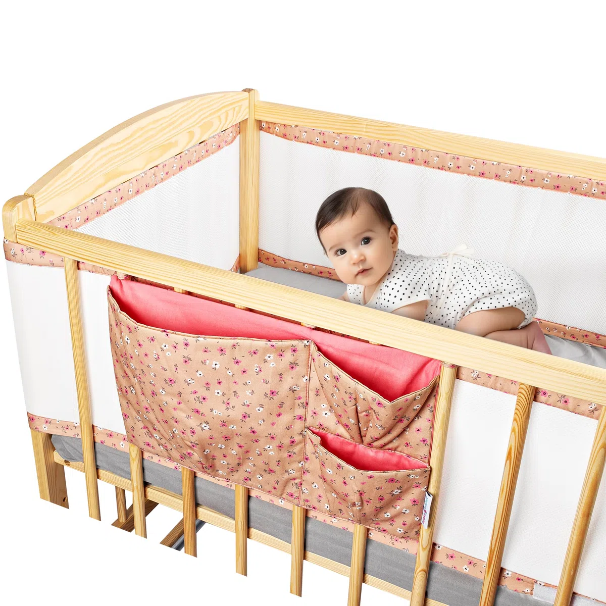 SweetComfort Babybettumrandung: Atmungsaktiv mit Aufbewahrungstasche - Passend für Babybetten 60x120 und 70x140 cm - Blumiges Rosa - Verstellbare Klettverschlüsse - für 3- bis 4-seitige Gitterbetten