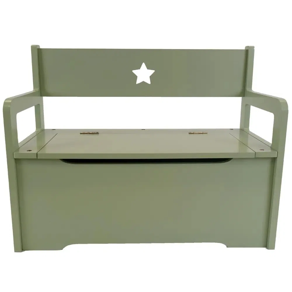 Bandits & Angels Holzspielzeugkiste mit Aufbewahrungsbank Retro Grün – 2-in-1-Aufbewahrungsbank – Sitzhöhe 24 cm – Maße 60 x 27 x 47 cm – für Jungen und Mädchen – Kinderzimmermöbel - Kindersitzbank