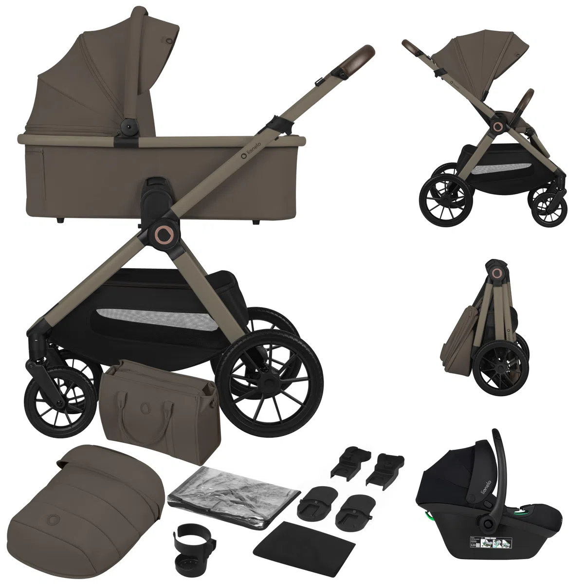 Lionelo Layla Kinderwagen 3 in 1 (0-4 Jahre, 0-22 Kg) Reisesysteme Set mit Babyschale I-Size 40-87 Cm, Babywanne und Sportsitz, Liegeposition, Federung, PU-Räder, UPF50+ Verdeck