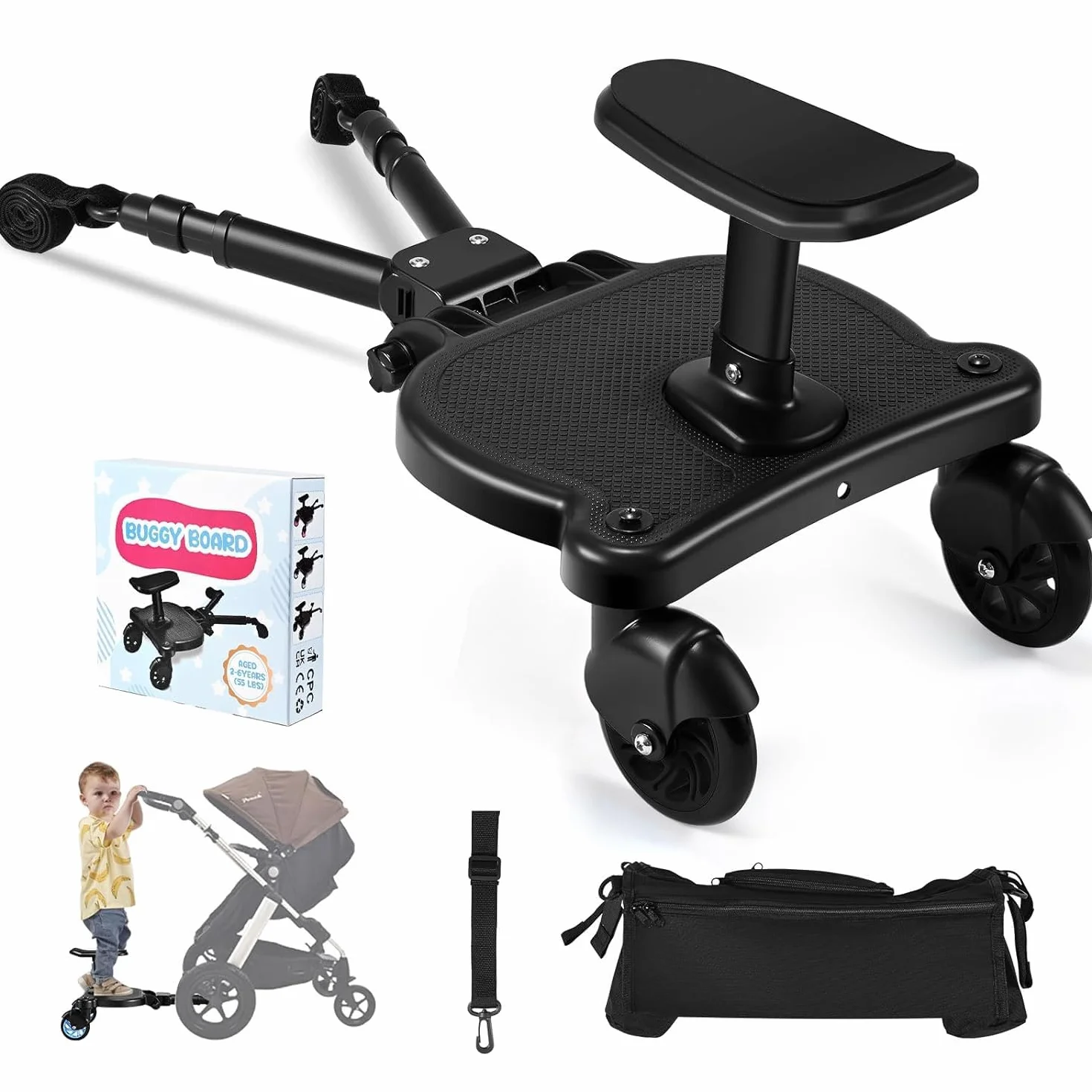 Buggy Board mit Sitz, Trittbrett für Kinderwagen Universal, Buggy Board für Alle Kinderwagen, mit Kinderwagen Organizer und Aufhängegurt, Kiddy Board für Kinder von 2 bis 6 Jahren (25 KG)