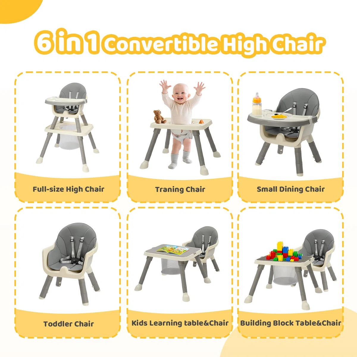 Bonnlo Baby Hochstuhl mit Liegefunktion, Hochstuhl Baby ab 6 Monate für Essen und Badewanne, Premium Babystuhl mit Goldrahmen, Inkl. Doppeltablett und Fußstütze, Bis 15 kg (Grau)