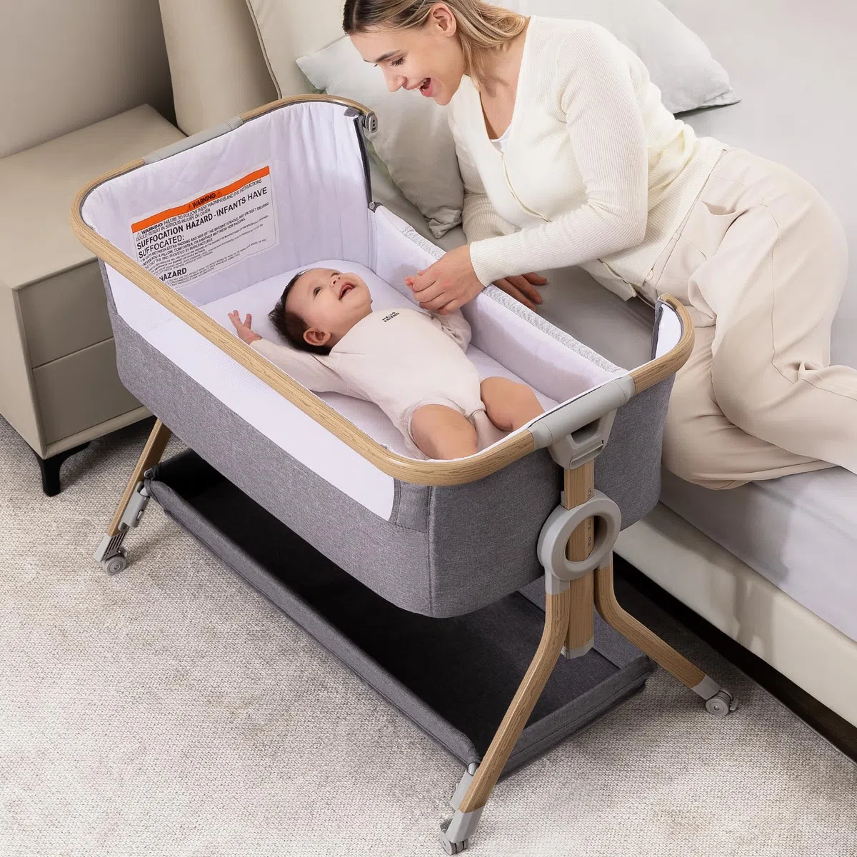 Larex Beistellbett Baby,3 in 1 Babybett mit Moskitonetz,Aufbewahrungstasche & Korb,5-stufig Höhenverstellbares Babybett,4 Räder mit Bremse,atmungsfreundliche Matratze & Mesh (Dunkelgrau)