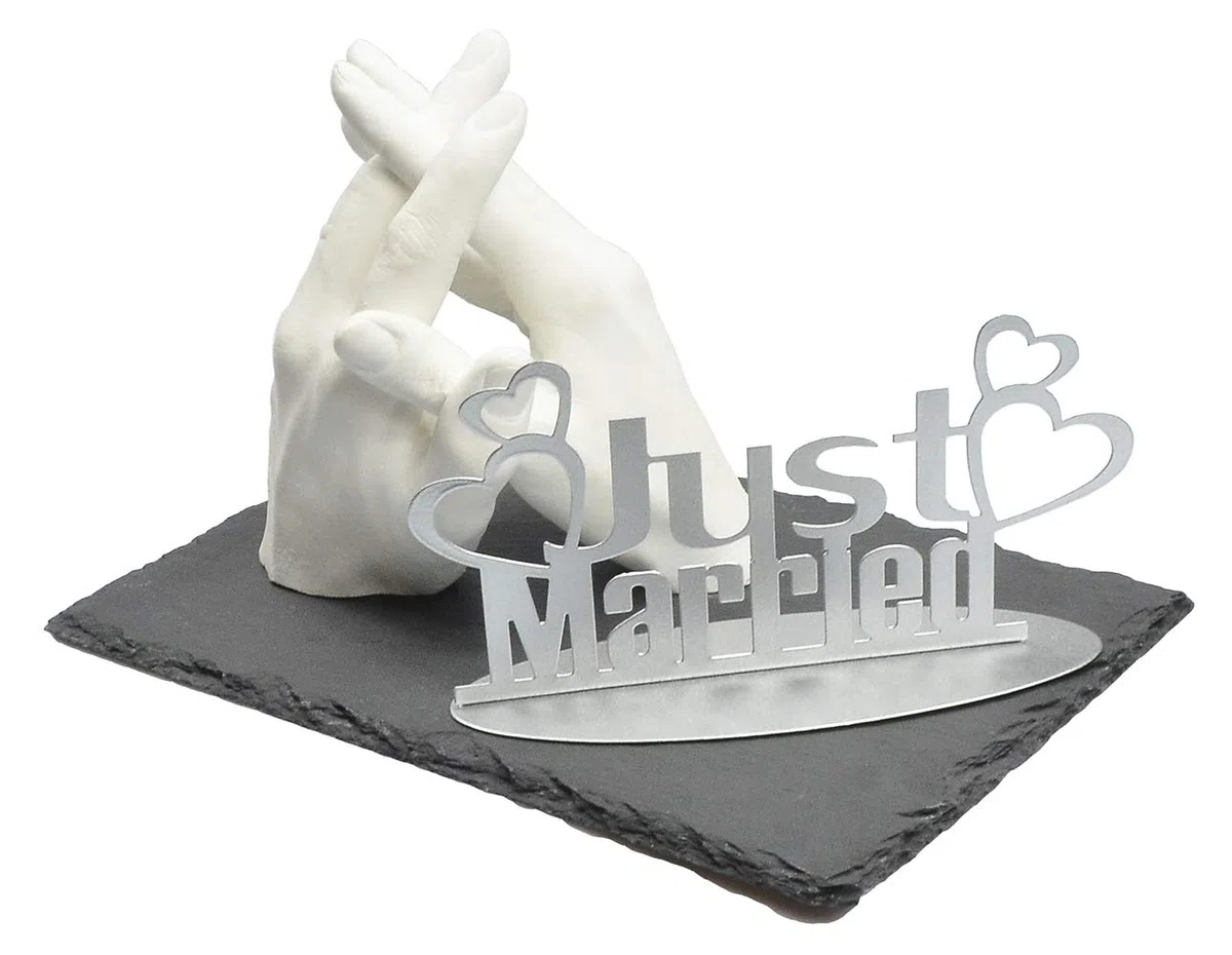 Family & Wedding Abformset Duo | 3D Handabdruck Set DIY für 2 Erwachsenenhände | Gipsabdruck für Hochzeit (inkl. Schiefersockel 20 x 30 cm | Metallaufsteller)