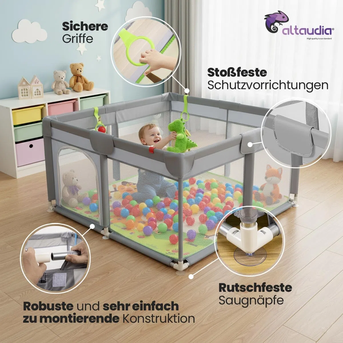 Baby-Laufstall 120 x 120 cm + Baby-Teppich + 50 Bälle + Transporttaschen – Baby-Laufstall mit atmungsaktivem Netz – Lustiger Spielplatz für Babys – Grau