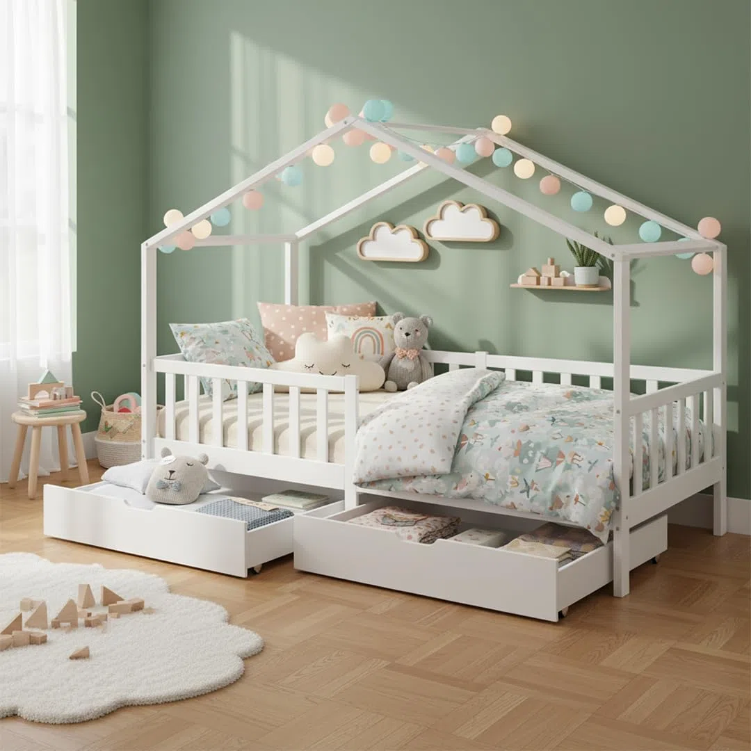 Bellabino Bia Kinderbett 90x200 cm Hausbett mit Rausfallschutz Lattenrost 2 Schubladen Montessori Bett Massivholz Kiefer Weiß
