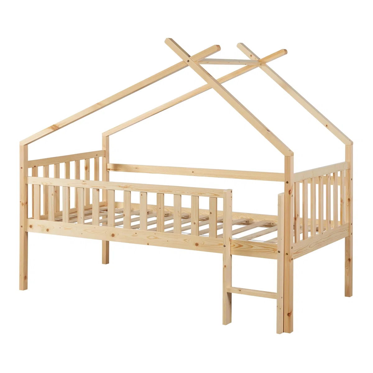 [en.casa] Kinderbett Sotkamo Hausbett 90 x 200 cm Holzbett für Kinder mit Rausfallschutz und Leiter Bettgestell aus Kiefernholz Natur