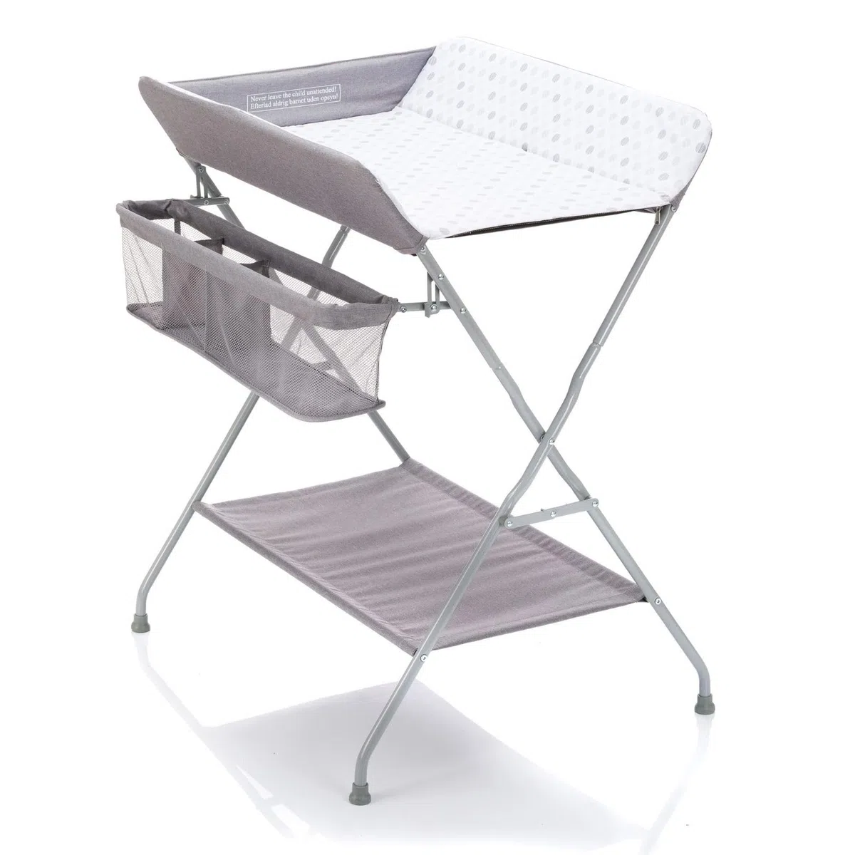 Fillikid Baby Wickelkombi - Punkte Grau | Klappbare Wickelkommode, mobiler Wickeltisch mit Wickelauflage und Ablagefächern, platzsparend und stabil