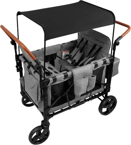Zusammenklappbarer Kinderwagen, 4-Sitzer-Wagen mit 5-Punkt-Gurtsystemen, Sonnenschutz, Seitentaschen und Schiebestange for Kinder im Alter von 0–6 Jahren – Grau