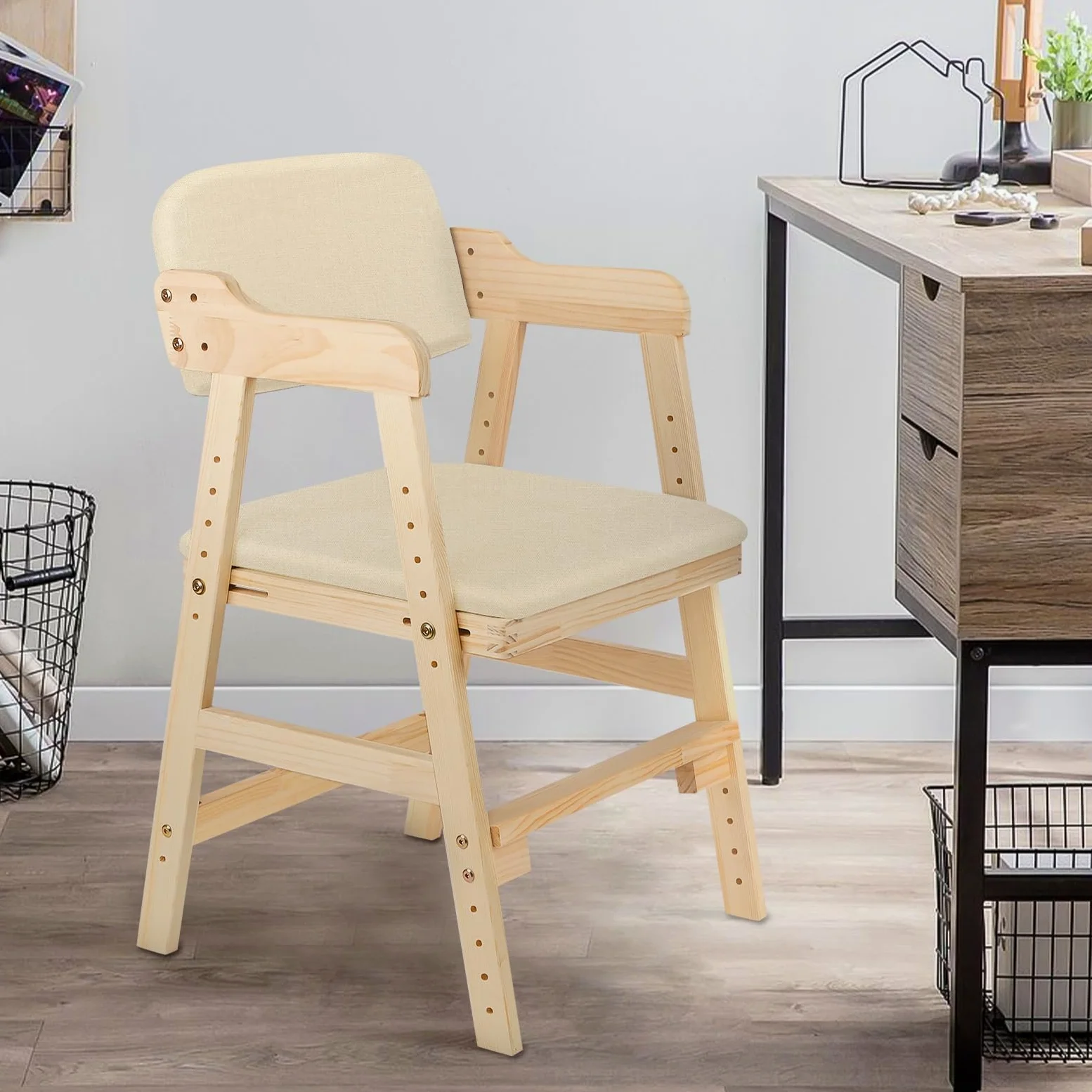 Hochstuhl aus Holz, aus hochwertigem Buchenholz, Stabil & Sicher bis 91 kg,Lehrstuhl, höhenverstellbarer Holzhochstuhl für kinder von 2 bis 12 Jahren (48 x 46 x 78 cm – Beige (1 Stück))