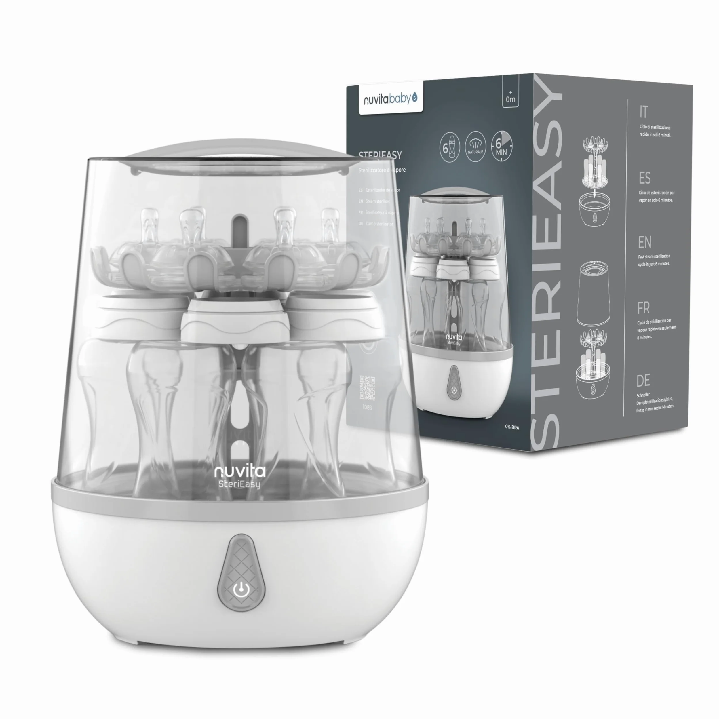 Nuvita Sterieasy 1083 | Elektrischer Dampfsterilisator | Desinfiziert bis zu 6 Babyflaschen in 6 Minuten | Pflegeleichte Edelstahl-Heizplatte | BPA Frei | EU Produkt |Italienisches Design