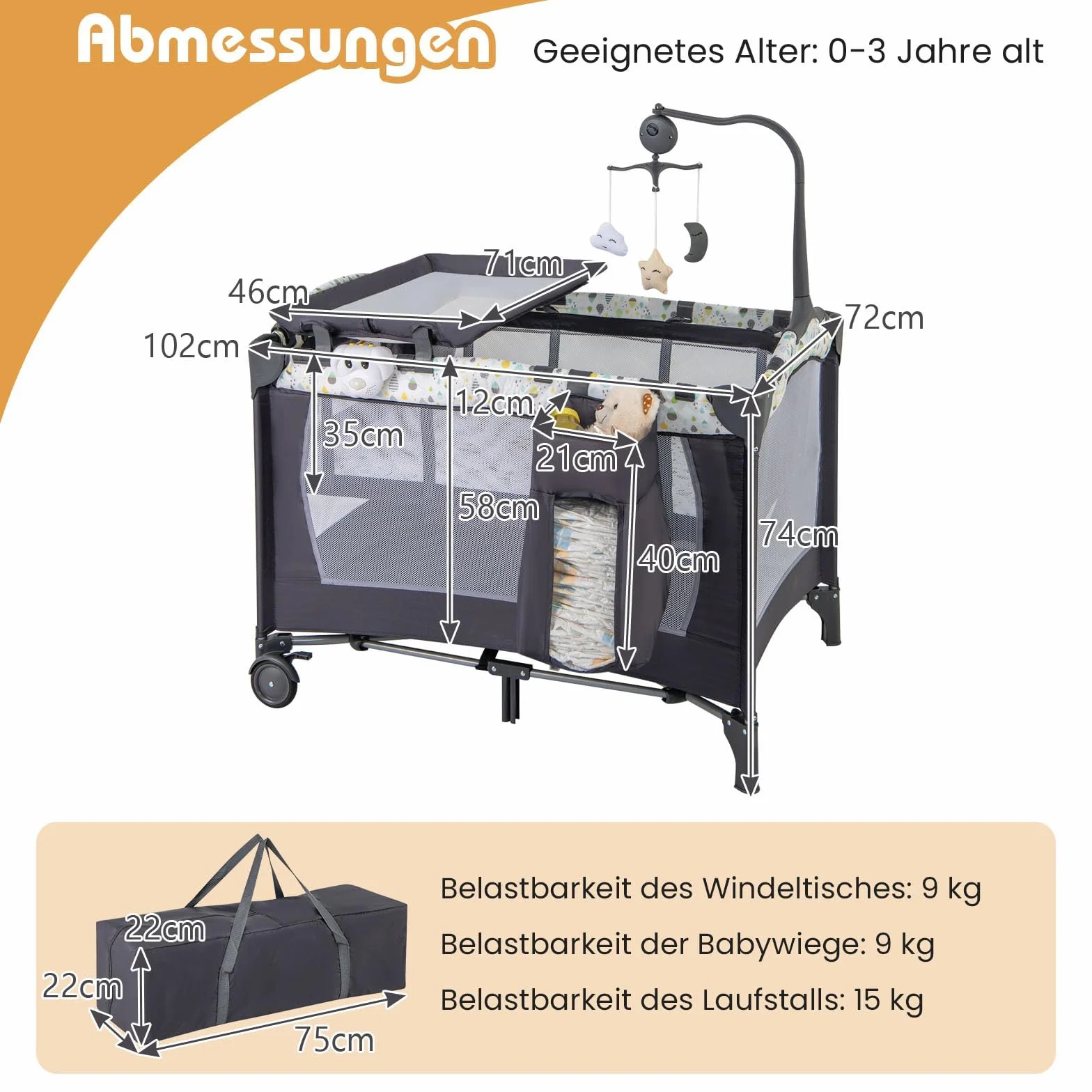 COSTWAY 3 in 1 Beistellbett klappbar, Reisebett mit Matratze, Hängespielzeug, Spieluhr, Wickeltisch & Tragetasche, 2 Ebene Babybett mit Rollen für Baby bis 36 Monaten (Beige)