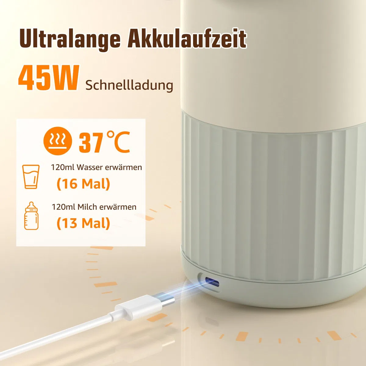 Baby Tragbare Flaschenwärmer für unterwegs für Muttermilch, Formel oder Wasser 380ml große Kapazität, 100W Leistung schnelle Erwärmung & präzise Temperaturkontrolle Milchwärmer für Reisen (Grau)