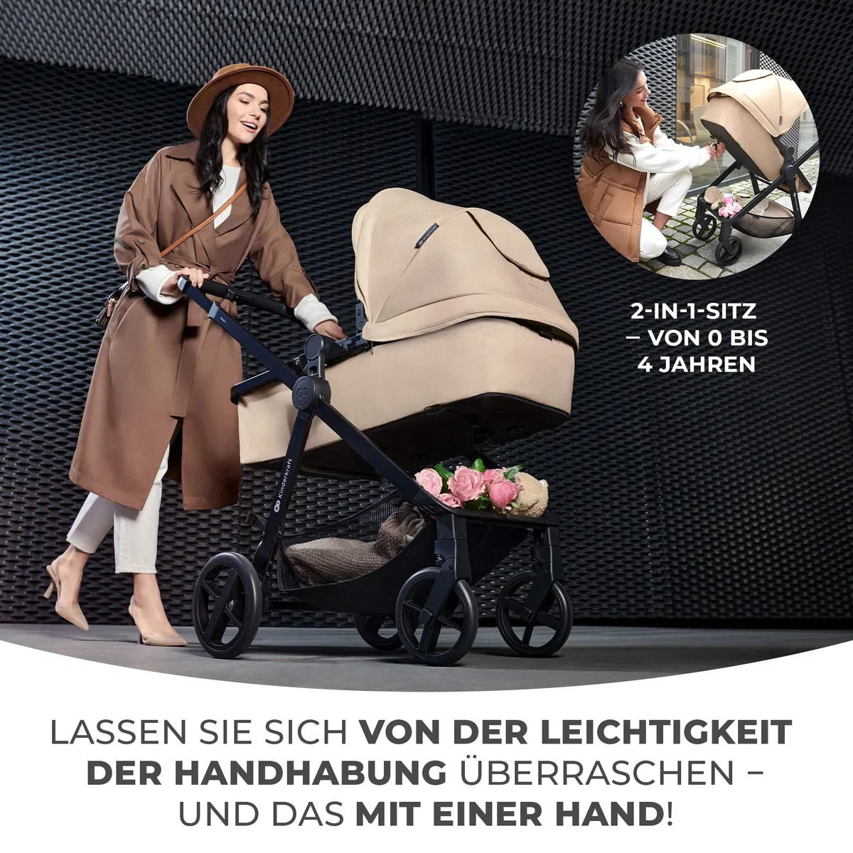 Kinderkraft 4 in 1 Kombikinderwagen Komplettset bis 22 kg mit Babyschale Regenschutz Fußsack wasserfestes Verdeck UPF50+ Schwarz