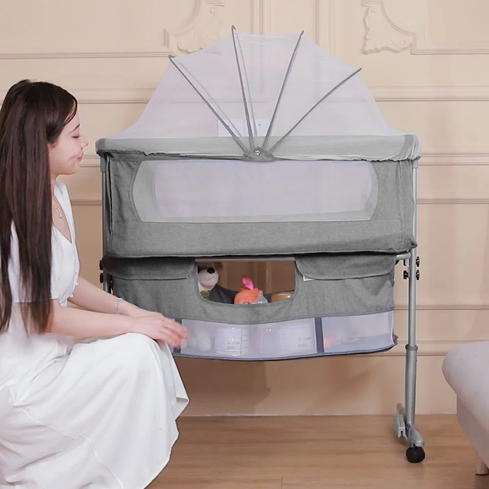 Cododo-Wiege, Beistellbett, Beistellbett mit Matratze und Moskitonetz, 3-in-1, Mobile Babywiege, Beistellbett für Babys von 0 bis 36 Monaten, verbessertes Modell (dunkelgrau)