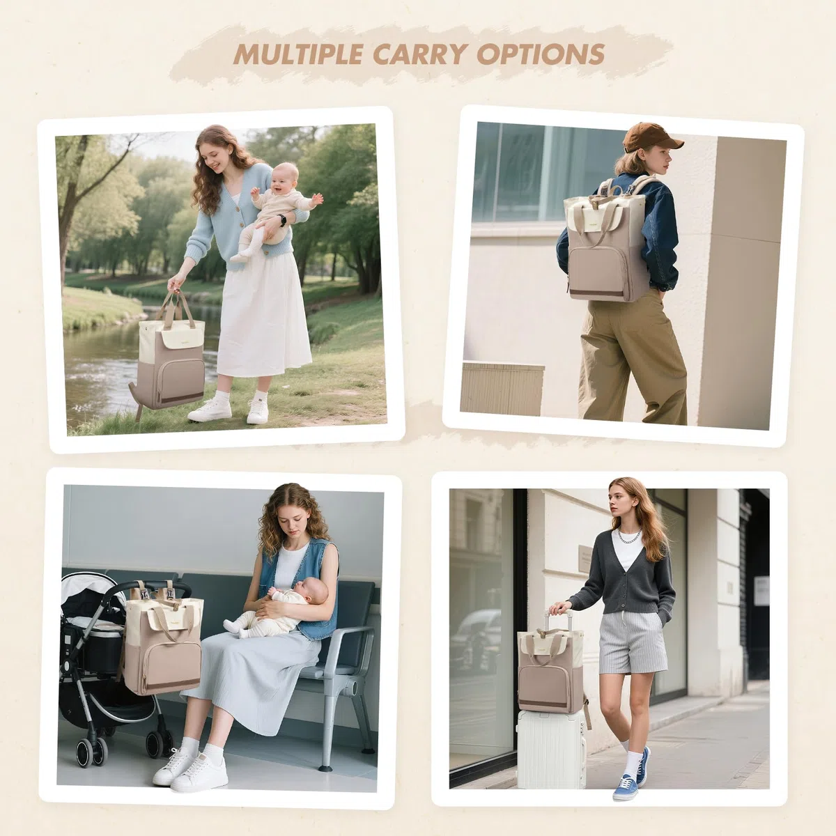 GOLF SUPAGS 25L Baby Wickelrucksack mit Tragbarer Wickelauflage und Kinderwagengurte, Lsoliertes Lunch Rucksack, Diaper Bag Babytasche Multifunktional für Mama und Papa (Champagnerfarben & Weiß)