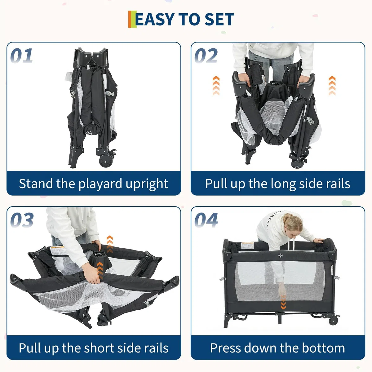 5 in 1 Beistellbett, Reisebett Baby mit Matratze, Babybett | mit Auto-Lock Räder Faltbarer Laufstall mit Musik-Spielbogen, Kinderreisebett mit Bassinet & Wickeltisch, Atmungsaktives Netz