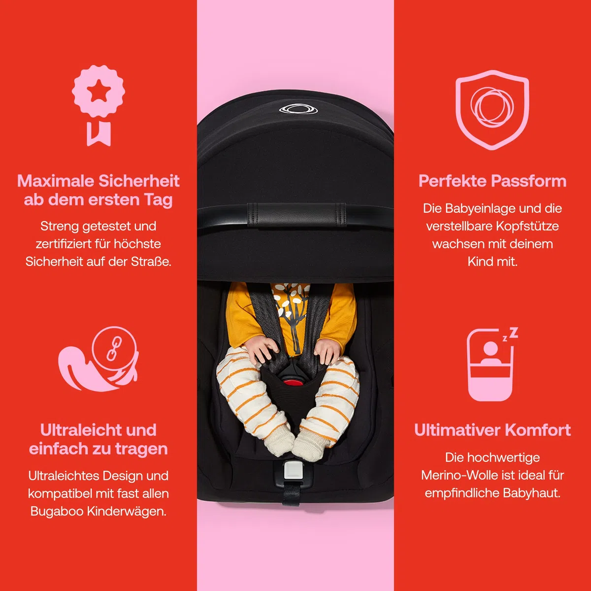 Bugaboo Turtle Air by Nuna, komfortabler Kindersitz fürs Auto mit Donkey Adaptern für den Autositz und großem Sonnendach, ultra-leicht & sicher