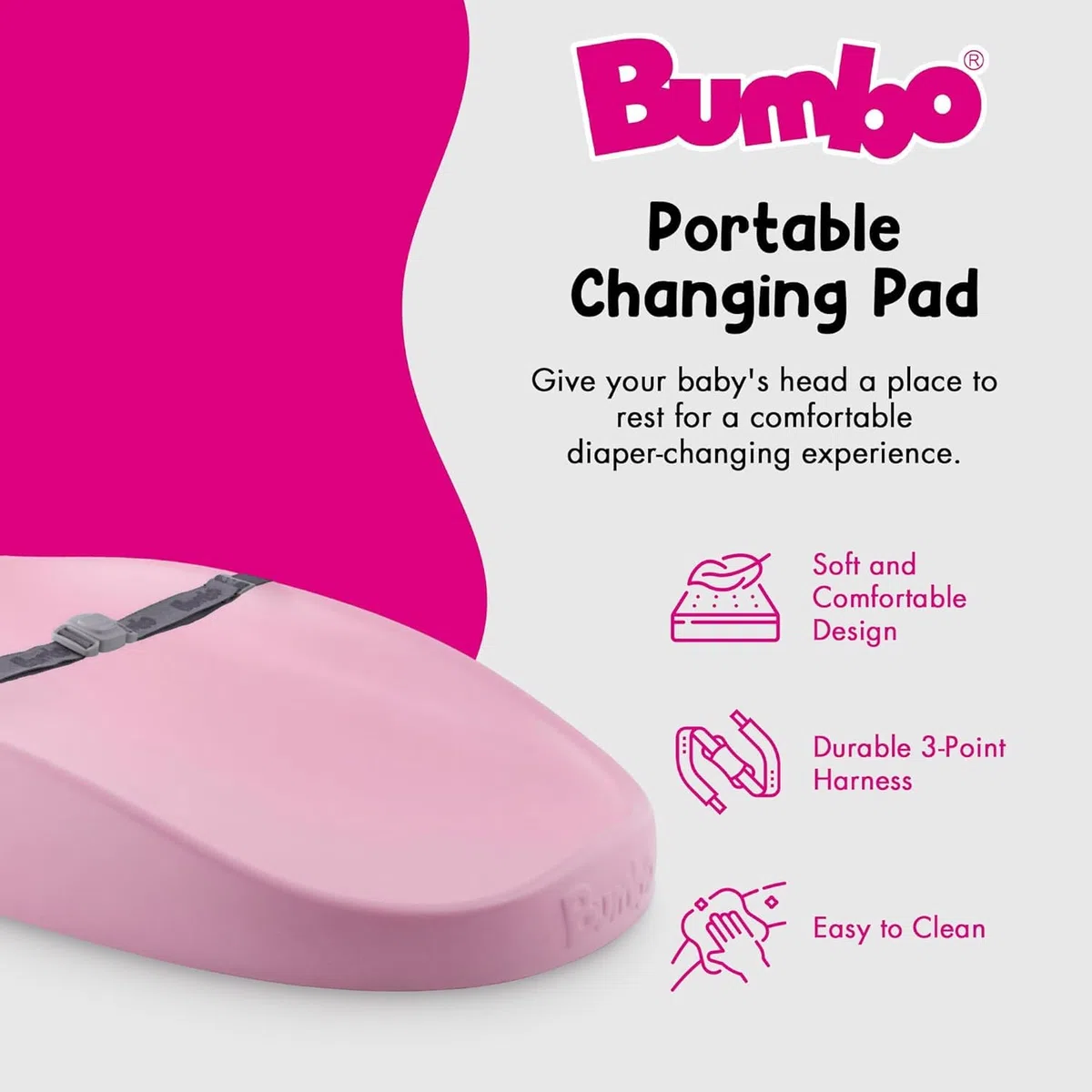 Bumbo Baby Wickelunterlage - Leicht zu reinigende Wickelunterlage mit Sicherheitsgurt - Anti-Roll-Wickelunterlage - Wiege Rosa