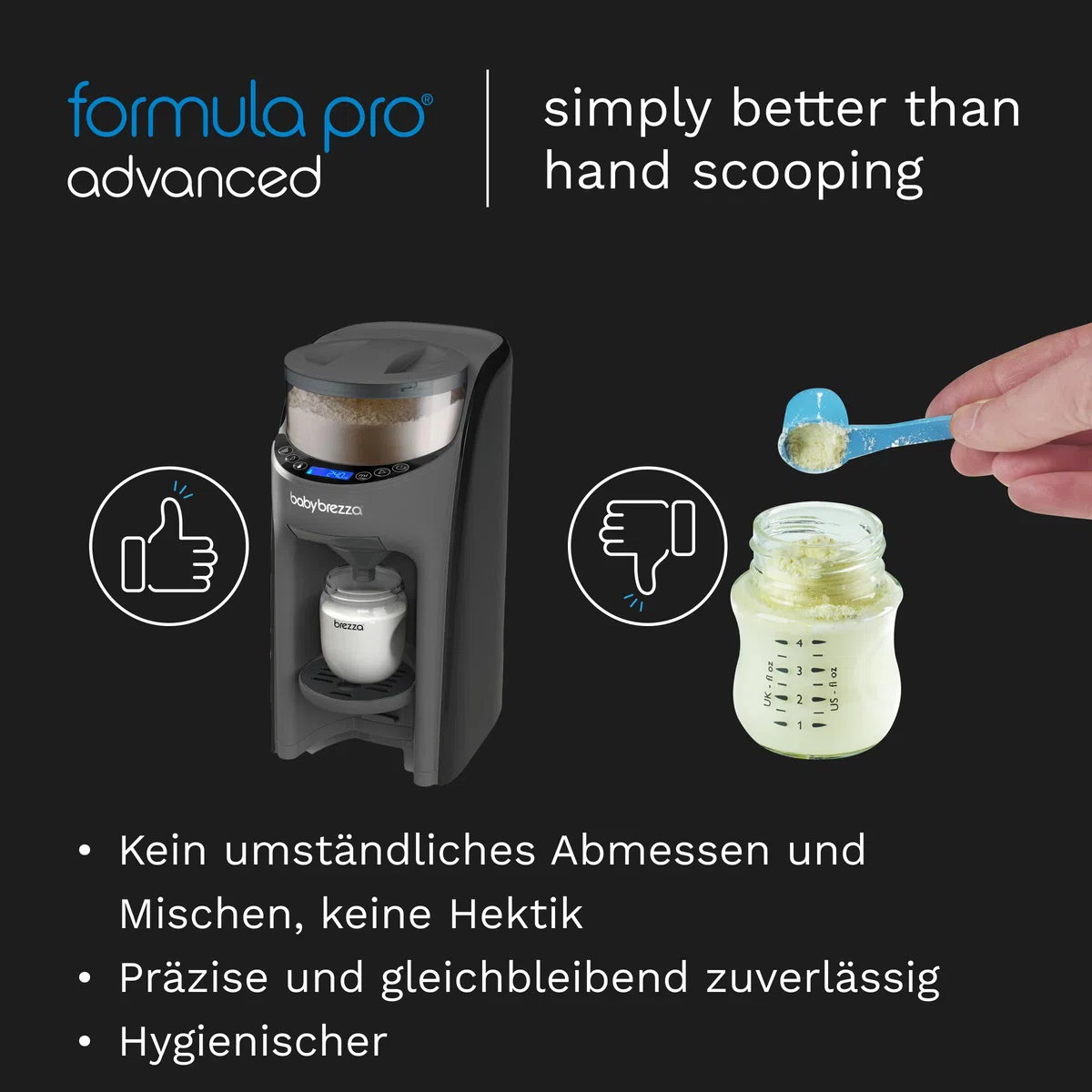 Baby Brezza Formula Pro Advanced automatischer Flaschenzubereiter | Mischt Milchpulver & Wasser perfekt – Mit 2 Milchpulvertrichtern (1 im Gerät, 1 extra) – 3 Temperaturen – BPA-frei - Charcoal
