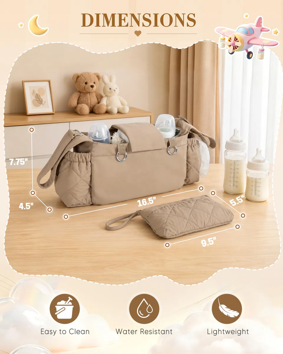 Marscamd Kinderwagen-Organizer mit doppelt isolierten Getränkehaltern, Camel | 3 Tragemöglichkeiten, mit abnehmbarer Handgelenktasche, Feuchttuchspender und großem Flaschenhalter, gestepptes Design
