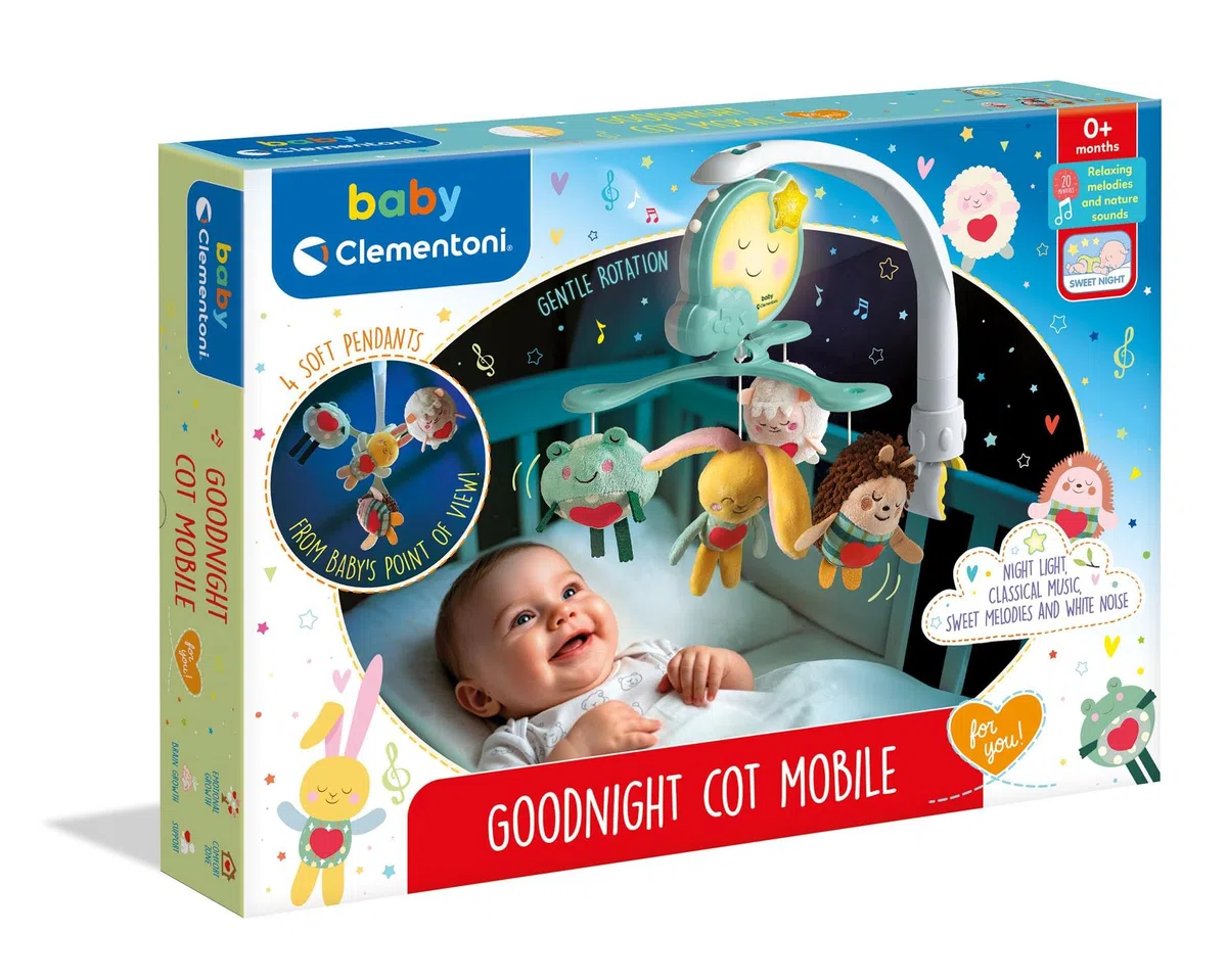 Clementoni Giostrina Carillon Babybett Mobile mit Elektronikmodul, Musik und Naturgeräuschen, verstellbar und abnehmbar für Krippe oder Kinderwagen