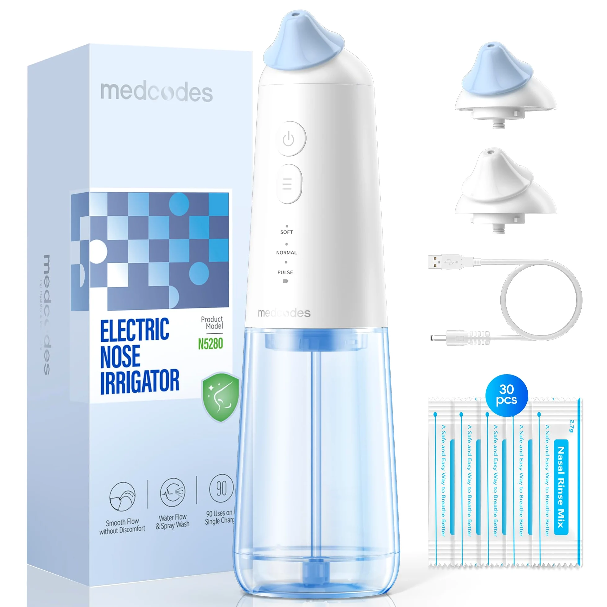 Nasendusche Set Nasales Bewässerungssystem, Elektrisch Nasenspülmaschine, Nasenspülkanne zur Nasenreinigung und Nasenspülung bei Erkältung und Allergie, 30x Nasenspülsalz