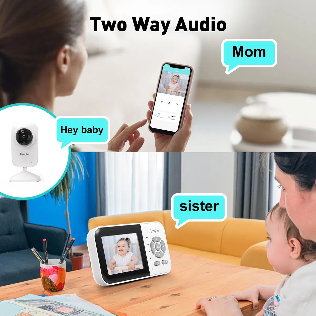 Simyke Smart Baby Monitor mit 2 Kameras und Audio 2.8'' Bildschirm WLAN ON/Off Switch Vision 2-Wege-Gespräch, 1200ft Lange Reichweite Fütterung Uhr Temperatur-Erkennung, tragbare drahtlose Baby Cam