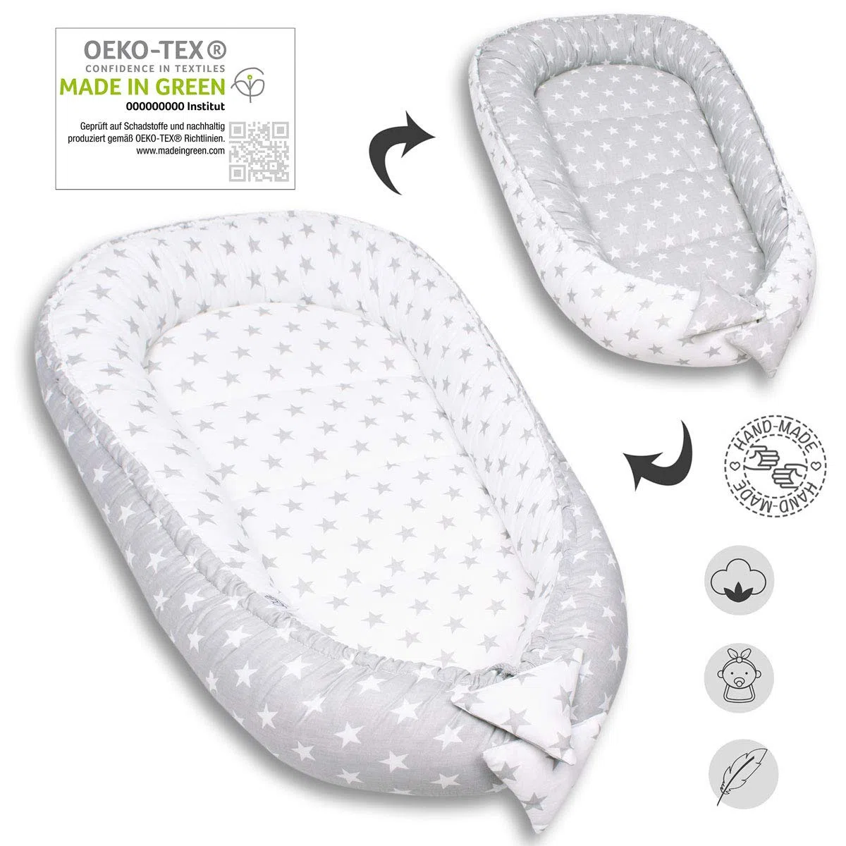 PaLulli 3-TLG Baby Ausstattung-Set Kuschelnest Babynest 95x55cm Baby-Matratze Kuscheldecke Babybett 100% Baumwolle Hypoallergisch Für 0-8 Monate