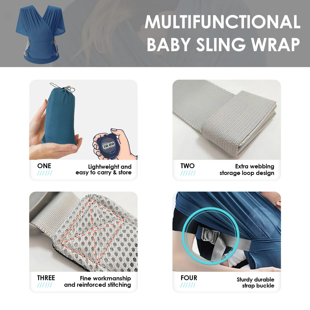 SONARIN Atmungsaktive Baby Tragetuch,Ergonomische Dehnbar Babytragetücher Babytrage Leichte Tragbare Baby Tragesystem Tragetuch Sling für Neugeborene Kleinkinder bis zu 15KG(Blau)