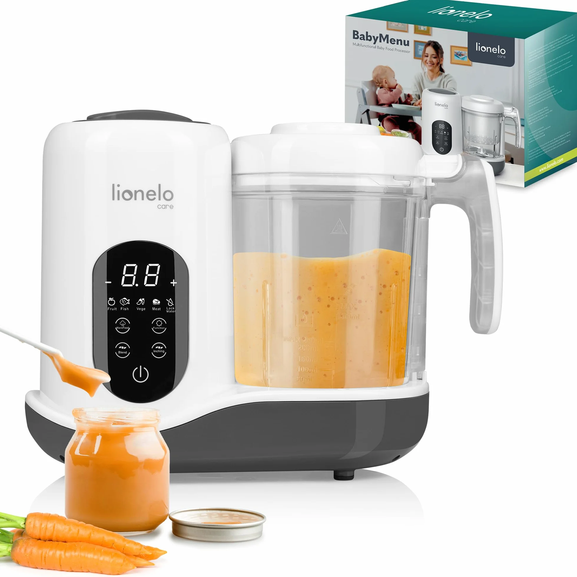 LIONELO BABYMENU Küchenmaschine zur Zubereitung von Babynahrung | 4 Programme Dämpfen, Mixen, Erhitzen, Auftauen, Online-Rezepte, Weiß