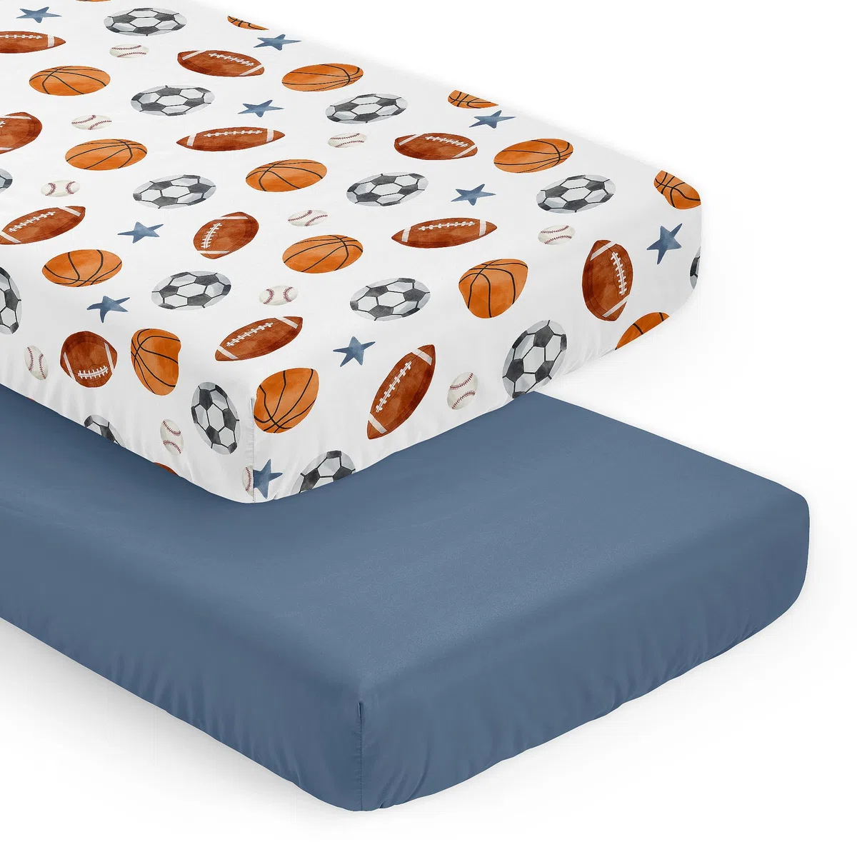 Sweet Jojo Designs Spannbettlaken-Set für Jungen und Babys, für Kleinkinder, Neugeborene, Kinderzimmer, Kleinkinder, Standardmatratze, 2 Stück, massiver Stahl, Blau und Aquarell, Fußball, Baseball