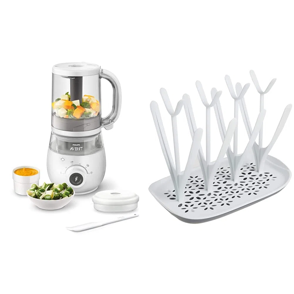 Philips Avent 4-in-1-Babynahrungszubereiter SCF883/01, Dampfgarer, Dampfgaren, Mixen, 1000ml Kapazität, weiß & SCF149/00 Trockenständer, weiß/blau