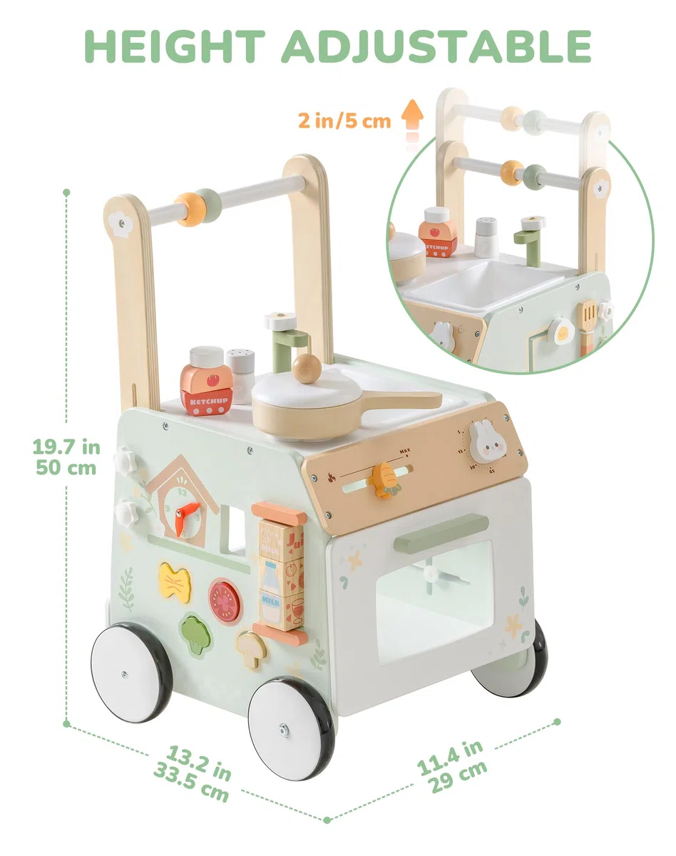 ROBOTIME Holz Lauflernwagen mit Spielküche, 2-in-1 Baby Walker & Aktivitätscenter, höhenverstellbar, mit Bremse, Motorikspielzeug für Kleinkinder ab 10-36 Monaten