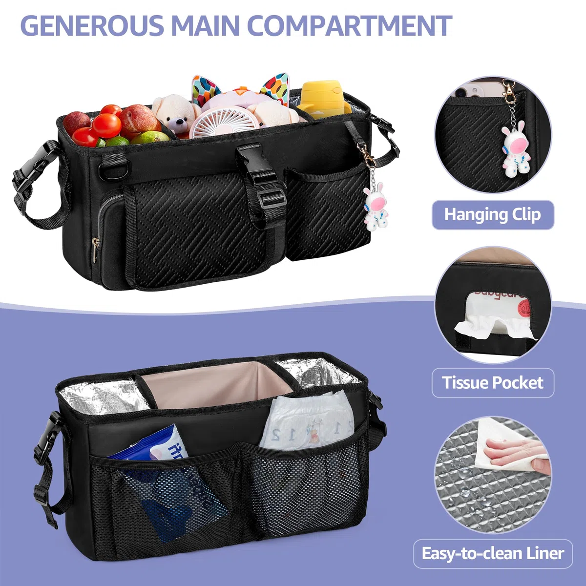 Kinderwagen Organizer für Elternkonsole, Kompatibel mit WONDERFOLD W2, Kinderwagen Caddy mit 2 Isolierten Getränkehaltern und Abnehmbarer Kühltasche, Schwarz (Leere Tasche)