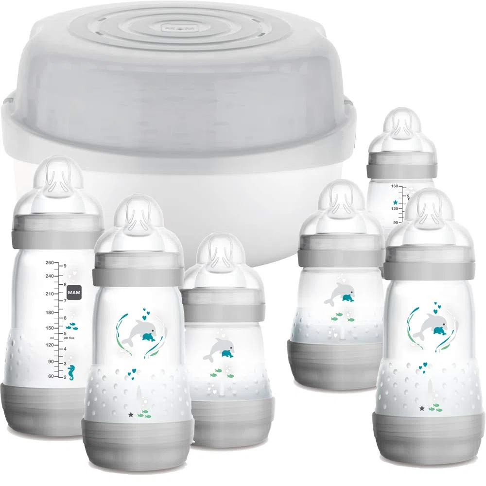 MAM Easy Start Bottle & Microwave Steriliser Set, Comes with 6 x MAM Easy Start Self Sterilising Anti-Colic Baby Bottles, BPA Free Bottle Steriliser for Babies