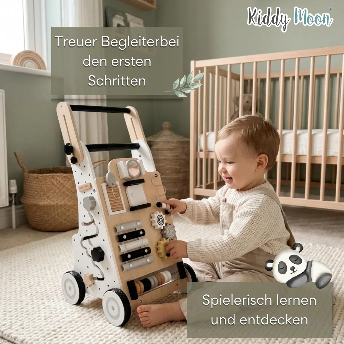 KiddyMoon Lauflernwagen Aus Holz Für Kinder Lauflernhilfe Spaß Babys, Laufen Lernen, Multifunktion Holzspielzeug Für Kleinekinder Montessori-Spielzeug WK-001, Schwarz - Weiß