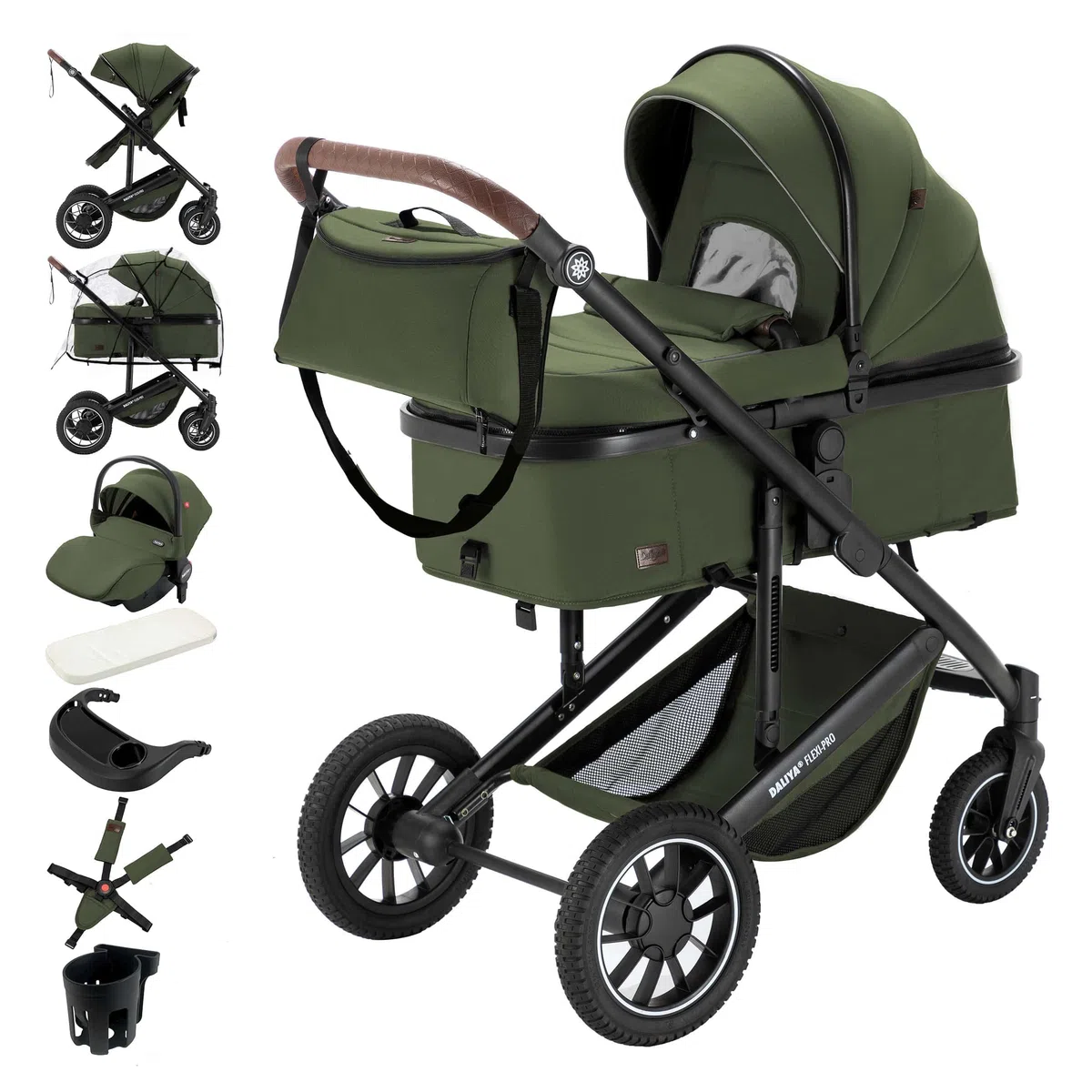 Daliya® FLEXI-PRO M 3in1 Kinderwagen & Buggy mit i-Size Babyschale, Viel Zubehör (Olivgrün)