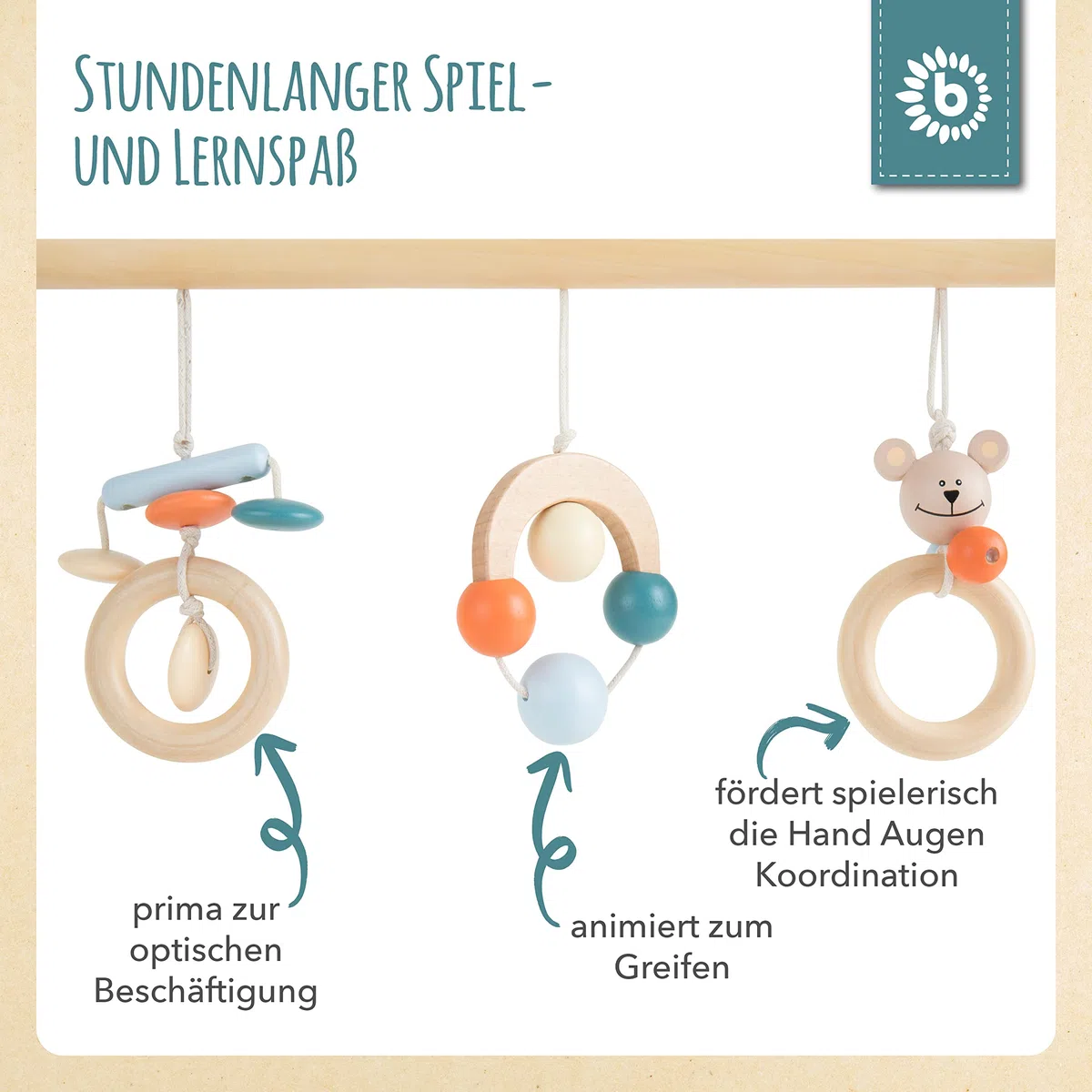 Bieco Spieltrapez | Spielbogen für Babys -Figuren, Rasseln, Kugeln | Spielebogen Holz Baby | Spieltrapez Baby Mobile Holz | Activity Center Baby Gym Spielzeug