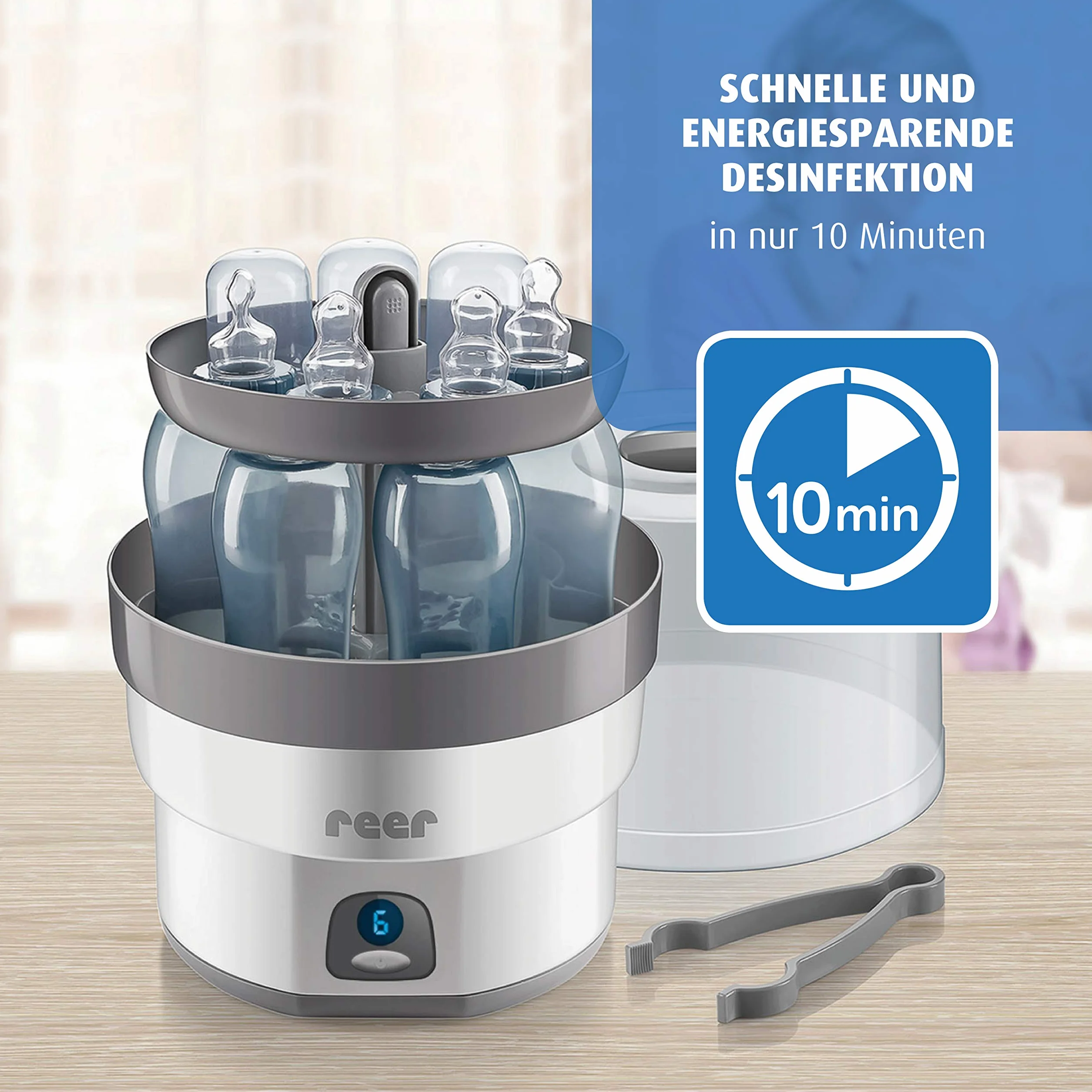reer Vapomax Vaporisator | Babyflaschen Sterilisator, Dampfsterilisator für bis zu 6 Flaschen, Desinfektion von Babyfläschchen, Schnullern, Beißringen und Zubehör in nur 10 Minuten, ohne Chemikalien