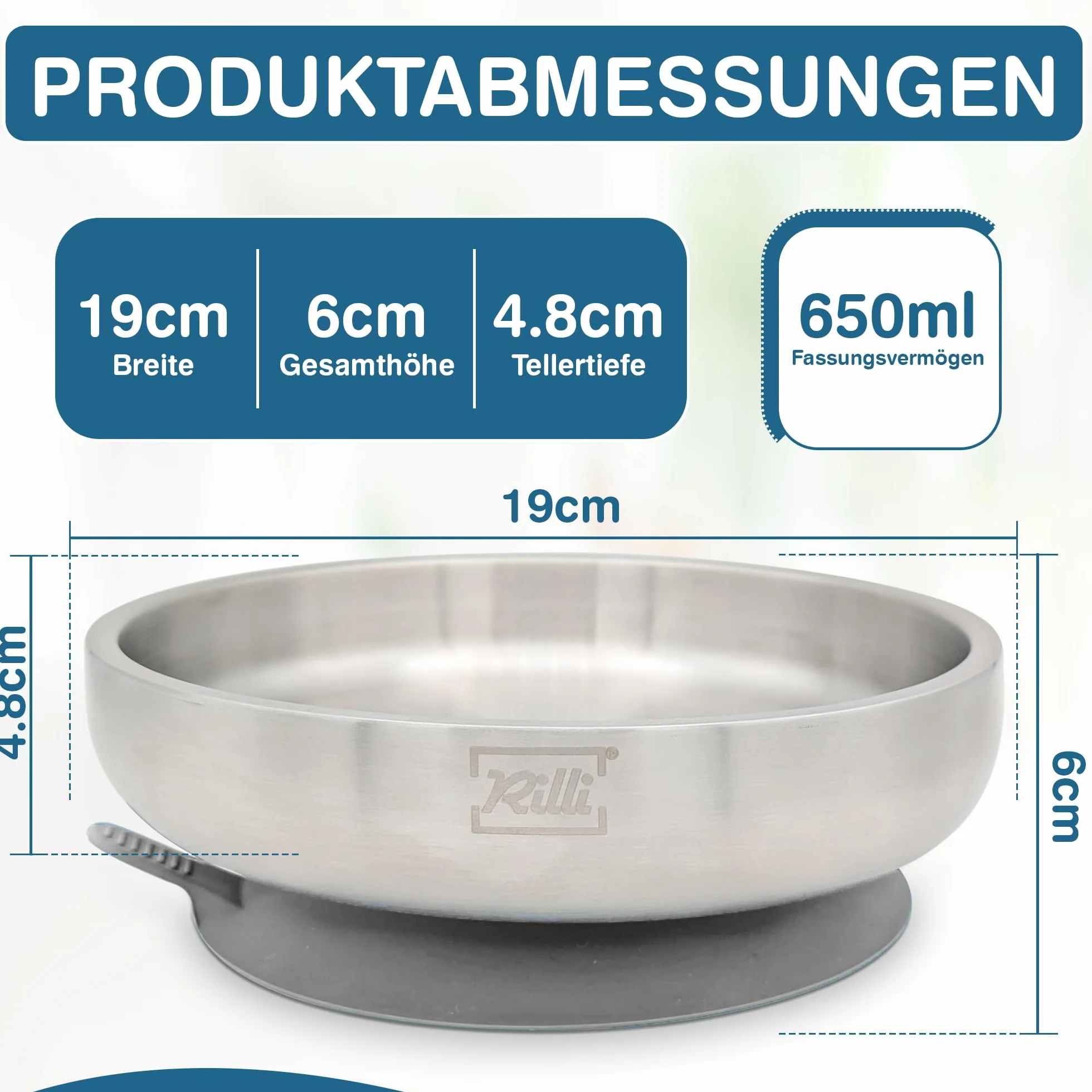 Rilli Edelstahl Teller für Babys mit Saugnapf, tiefer Kinderteller, grau | Doppelwandiger 304er Edelstahl · BPA-frei · schadstoffgeprüft · spülmaschinenfest · für BLW und Beikost