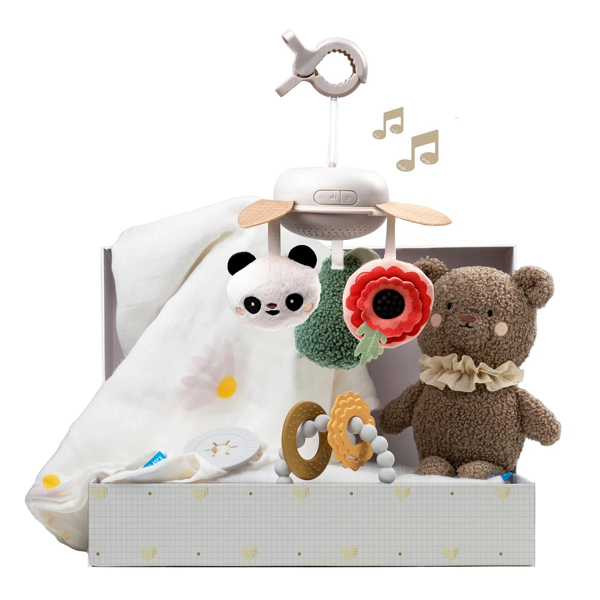 Taf Toys Luxus Neugeborenes Girt Set Baby Sensory Box Cotton Bamboo Swaddle Take Along Musical Mobile Bear Soft Toy & Silicone Beißring New Welcome Baby Geschenk Neugeborenes Baby Junge Mädchen