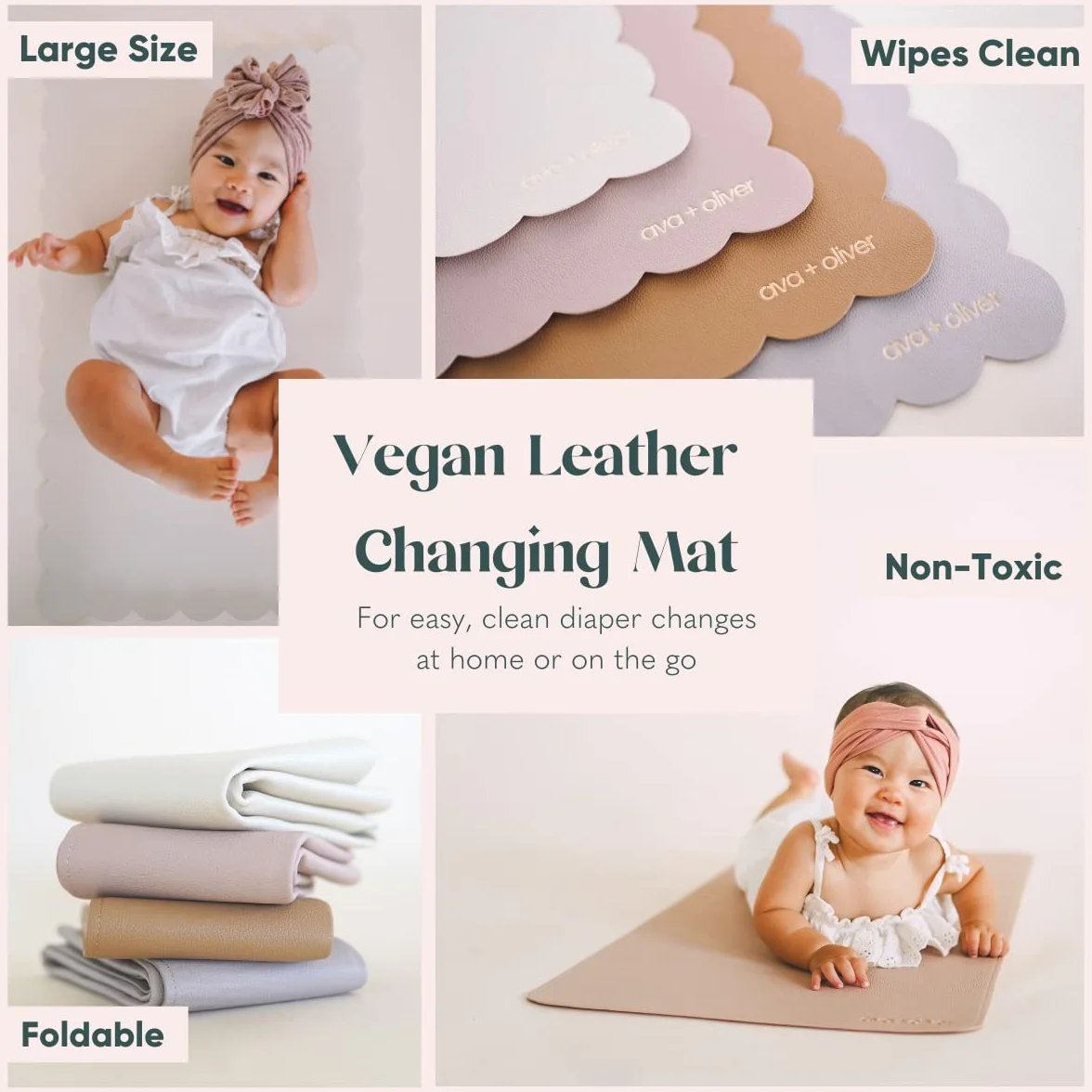 AVA + OLIVER Wickelauflage aus veganem Leder – tragbare, abwischbare Mehrzweck-Windelunterlage – faltbar für die Reise (16 x 30 Zoll) (Creme Jakobsmuschel) | Abwischbare Wickelunterlage aus veganem Leder, kompakt zusammenklappbar für Reisen, tragbar, Mehr