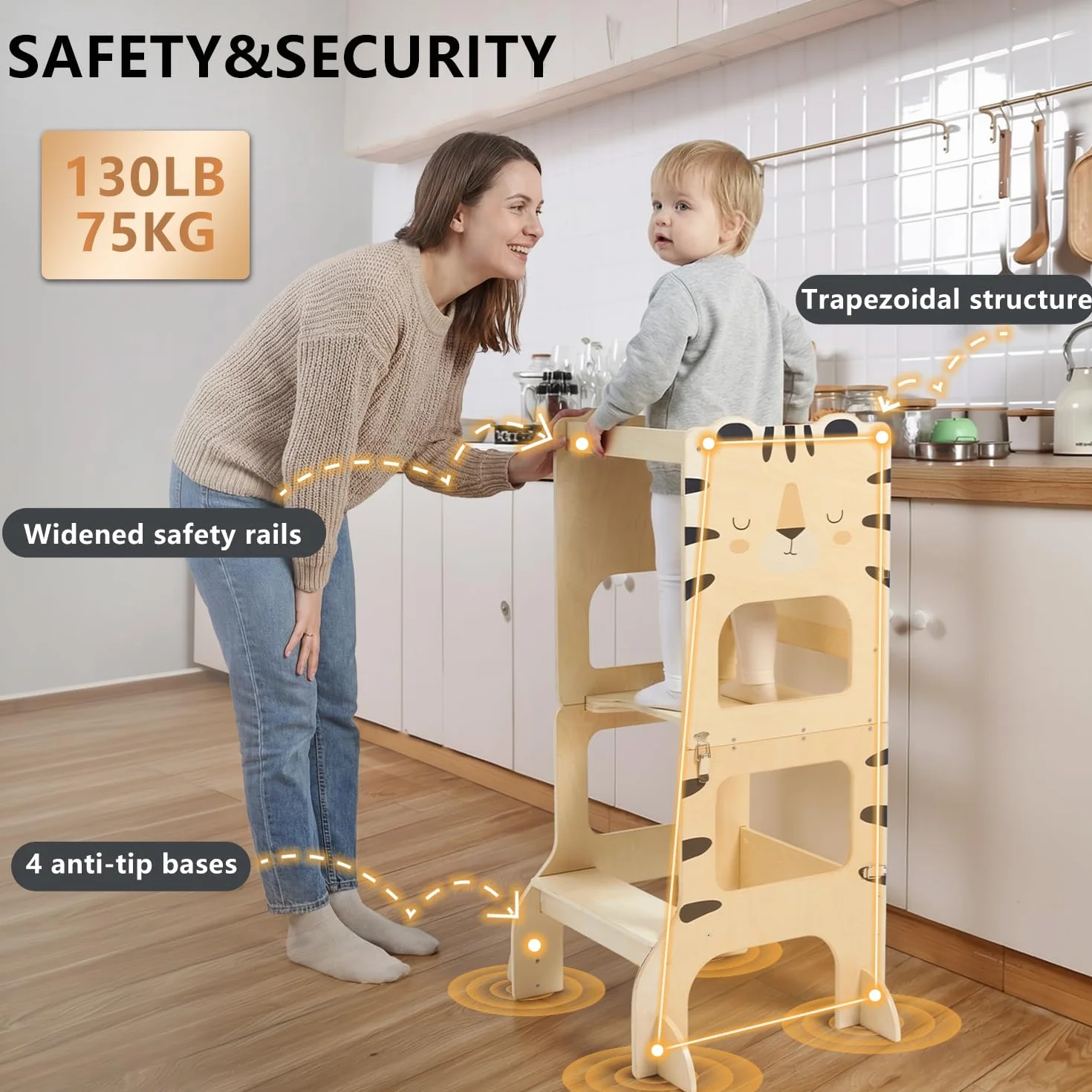 labebe lernturm für Kinder, klappbar Montessori Learning Tower, 3 in 1 lernstuhl Kinder mit Message Boards ab 1 Jahr-Tiger