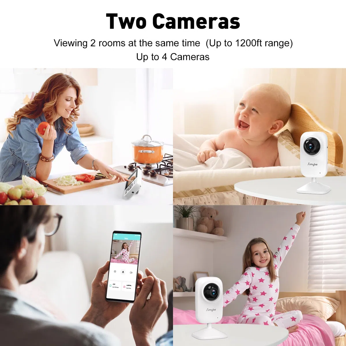 Simyke Smart Baby Monitor mit 2 Kameras und Audio 2.8'' Bildschirm WLAN ON/Off Switch Vision 2-Wege-Gespräch, 1200ft Lange Reichweite Fütterung Uhr Temperatur-Erkennung, tragbare drahtlose Baby Cam
