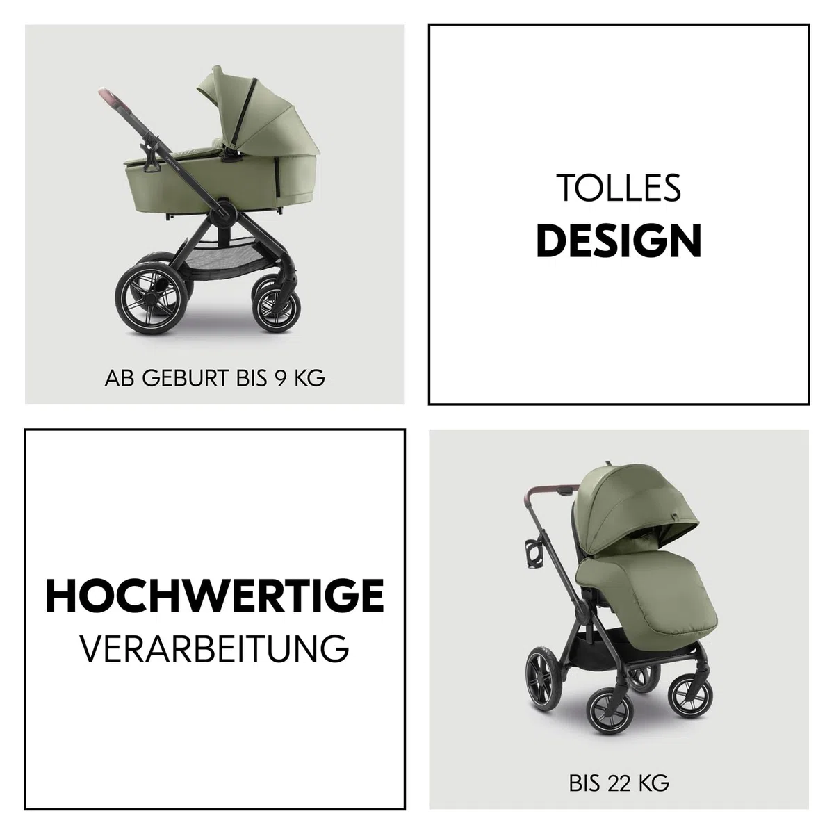 Hauck Comfort N Care Set Olive 2in1 Kinderwagen mit Gummireifen, Wanne, Wendbarer Sitz, bis 22 kg, Höhenverstellbar, inkl. Autositz Adapter