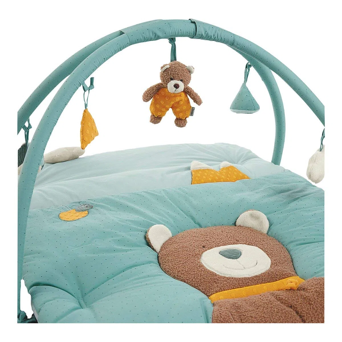 Sterntaler Spielbogen Bär Ben aus weichem, gepolstertem Stoff, mit herabhängenden Figuren, Rassel, Knisterpapier und Spiegel, fördert Greifen und Sinne – Grün, 100 × 80 cm