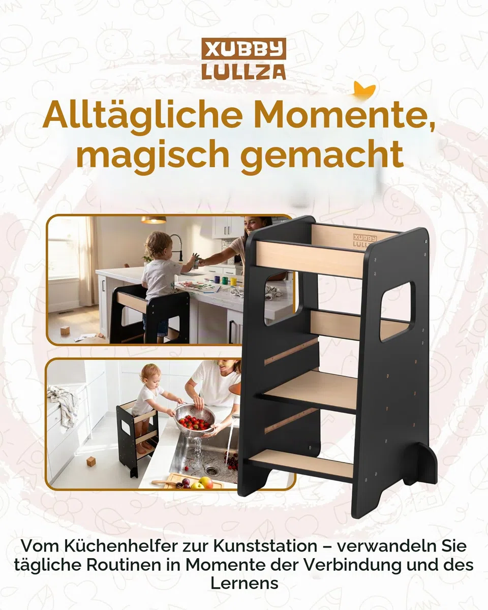 Lernturm höhenverstellbar aus Holz – Montessori Lernturm ab 1 Jahr, Tritthocker Kinder für Küche/Arbeitsplatte & Waschbecken, mitwachsend – Schwarz
