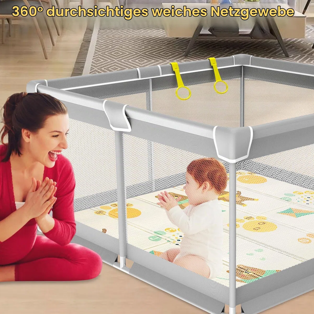 Laufgitter Baby mit Matratze 120x120cm Laufstall,Laufgitter Baby Atmungsaktivem Netz an Vier Seiten,mit 4 Rutschfeste Saugnäpfen Laufstall Faltbar mit Schaum Matte,Reißverschlusstür
