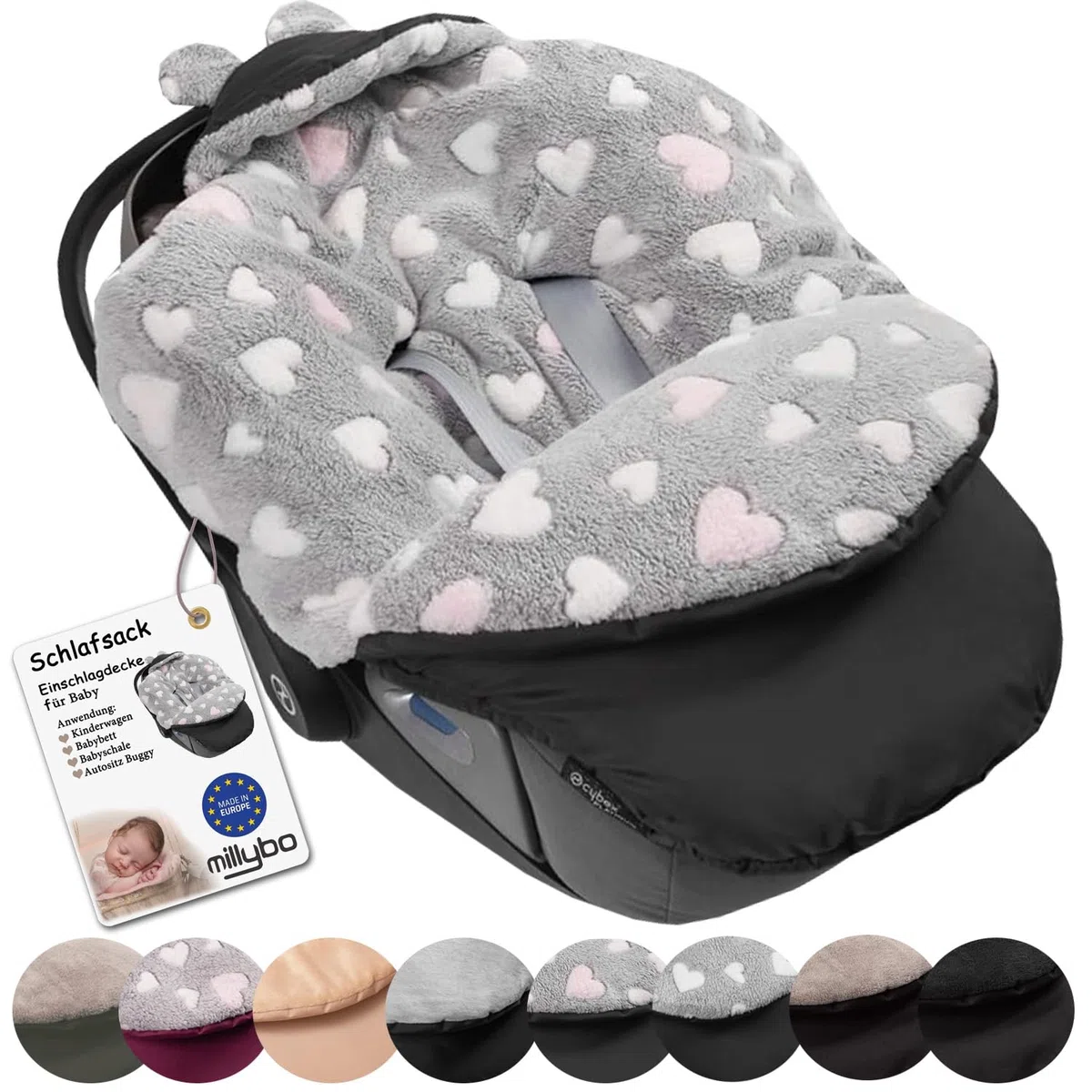 Einschlagdecke für Babyschale – Warmer Fußsack für Baby, Kuschelige Babydecke für Kinderwagen, Kindersitz & Babybett, Ideal für Herbst & Winter, Made in EU (605.020 Grau/Herz rosa)